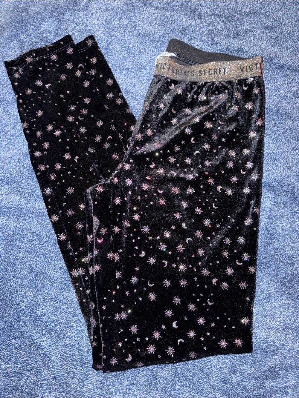 Victoria's Secret Black Velvet Leggings with Pink Celestial Print